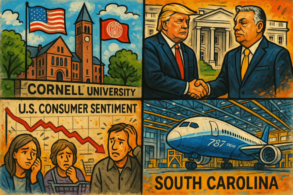 US digest: Cornell restores federal research funds, consumer sentiment falls, Boeing expands 787 plant